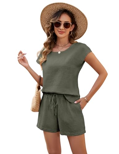 FIOPHY Women's 100% Linen 2 Piece Outfits Summer Lounge Sets
