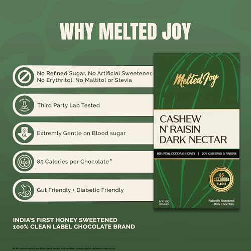 Image of Melted Joy Cashew & Raisin 50% Dark Chocolate Squares |Honey-Sweetened Dark Chocolates| Portion-Controlled 85 Cal | No Refined Sugar | Pack of 6