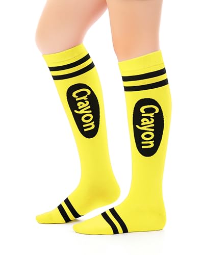 Geyoga Funny Crayon Socks for Women Crayon Knee High Socks Novelty Stocking Stuffers Rainbow Pencil Stockings(Yellow)