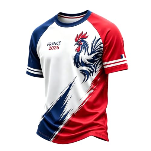 Maillot de Foot Supporter France Football Coupe du Monde 2026 Tee Shirt Drapeau Français, T-Shirt Homme Drapeau Coq Gaulois Vintage 01-Rouge 3XL