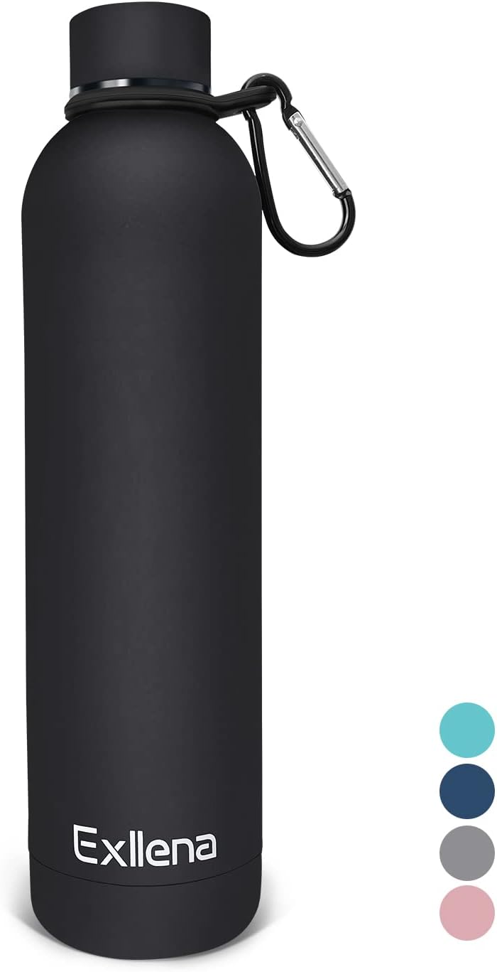 Exllena Insulated Black Water Bottles 750ml with Clip, Double Wall Vacuum Drinks Bottle Keeps Drinks Cold 24 Hrs/Hot 12 Hrs