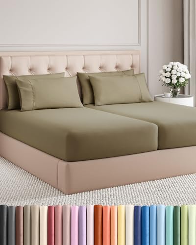 Image of Split King 7 Piece Bed Sheet Set - Comfy, Breathable & Cooling - Khaki | Ultra-Soft Hotel Luxury Bedding Set w / 8-16 Inch Deep Pockets, 1 Flat & 2 Fitted Sheet & 4 Pillowcases, Wrinkle & Fade Free