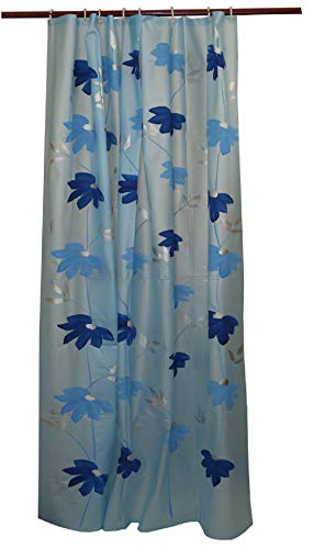 Image of Kuber Industries Polyvinyl Chloride Floral Shower Curtain with 8 Hooks- Sky Blue, Standard