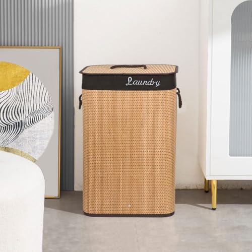 Image of LUXE HOME INTERNATIONAL Rectangle Bamboo Laundry Basket with Lid | Eco-Friendly, Foldable & Lightweight Organizer (Natural, 40x30x60 cm, Pack of 1)