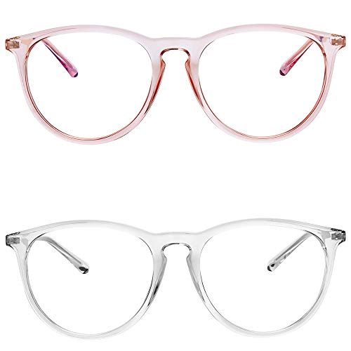 YAROCE Blue Light Glasses, 2-Pack Anti Glare UV Digital Eyestrain Round Computer Gaming Blue Light Blocking Glasses for Women/Men (Clear, Pink)