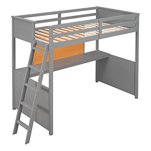 Lifeand Twin Size Loft Bed With Desk And Writing Board, Wooden Loft Bed With Desk,Gray #TOP2