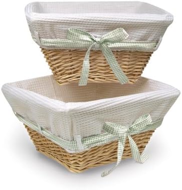 Natural Wicker Nursery Baskets with White Liners and Four Ribbons (Set of 2)