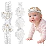 2er-Pack Baby Haarschmuck mit Spitzenblume | Weiße Dehnbare Haarband Baby für Mädchen | Stirnband Baby Mädchen mit Perlen und Spitzenbesatz | Geschenk für Babys Taufen und Fotoshootings