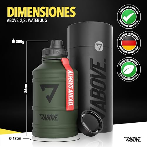 Miniatura 3 de Above. Botella De Acero Inoxidable 1,3-2,2l I Con 2 Tapas I Sin Bpa I Xxl Water Jug I 2l Botella A Prueba Robusta De Fugas Para Fitness, Deporte Gimnasio I No Es Térmica 2.2l Oliva
