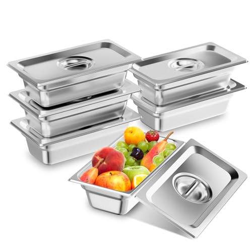 TAIMIKO Bac GN Gastronorm Lot de 6 récipients de poêle en acier inoxydable de 100 mm de profondeur avec couvercle pour bain marie traiteur 1 mm d'épaisseur (1/3, 6 pièces, avec couvercle)