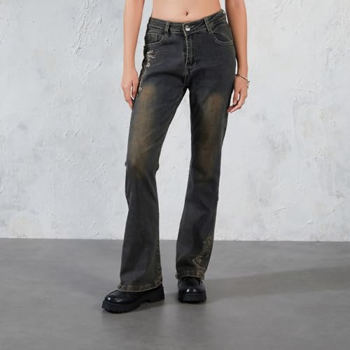 Womens Chic Floral Embroidered High-Rise Stretch Bell Bottom Slim Flare Jeans Broad Feet Long Vintage Denim Pants2