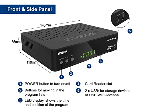 EDISION PICCOLLINO S2+T2/C Combo HD-Receiver H.265/HEVC (DVB-S2, DVB-T2, DVB-C | ARD-ZDF SD Abschaltung tauglich) Unicable tauglich, 2in1 RCU, HDMI, AV, LAN, Vorinstallierte deutsche Programmliste