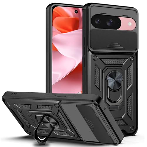 AESTMO Tough Armor Google Pixel 9/9 Pro Bumper Back Case Cover | Ring Holder & Sliding Camera Shield Cover | 360 Degree Protection Back Case Cover for Google Pixel 9/9 Pro (Black)
