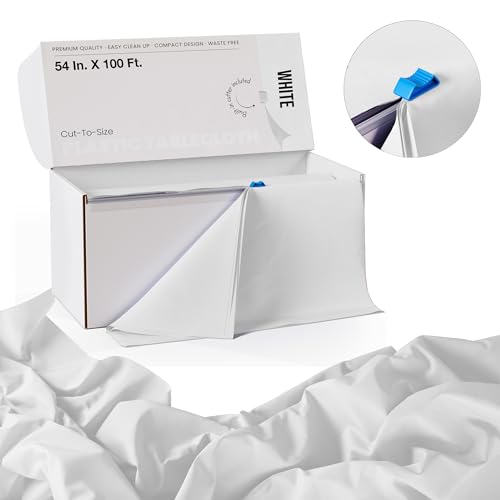 Image of Exquisite Party Solids 54 Inch X 100 Feet White Plastic Table Cover Roll in A Cut - to - Size Box with Convenient Slide Cutter. Cuts Up to 12 Rectangle 8 Feet Plastic Disposable Tablecloths