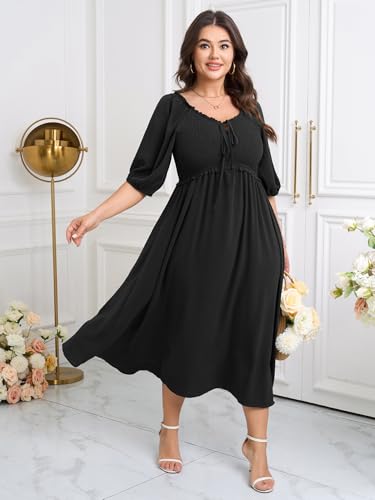 Image of CICIDUDU Women's Plus Size Maxi Dress Wedding Guest Half Sleeve V Neck Bowknot Smocked Milkmaid Flowy Dresses for Women