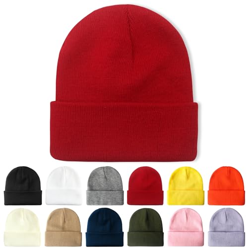 PFFY Beanie for Men Women Unisex Knit Cuffed Plain Winter Beanies Hats Skull Cap Red