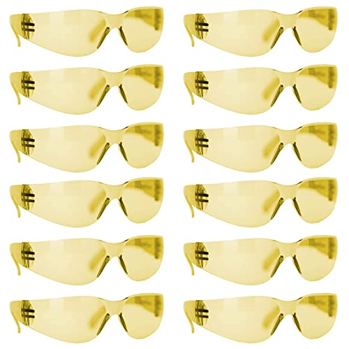 BISON LIFE Yellow Safety Glasses - 12 Pairs of Scratch Resistant Eyewear, Polycarbonate Impact Resistant Lens