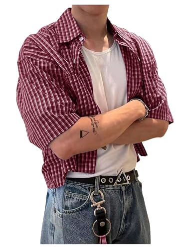 GORGLITTER Men's Gingham Cropped Shirt Short Sleeve Button Down Shirts Red Medium