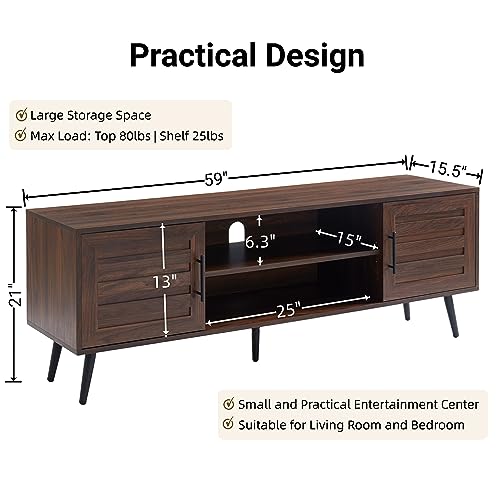 EDYO LIVING Mid Century Modern TV Stand for 65" TV, Wood TV Stand with Storage Cabinet and Open Shelf, Entertainment Center, TV Console Table for Living Room, Dark Walnut