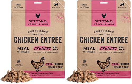 Vital Essentials Freeze Dried Cat Food, Raw Chicken Crunchy Nibs Complete Meal or Mixer High Protein, Low Carb, Grain Free, Dry Cat Food 12 oz , (Pack of 2)