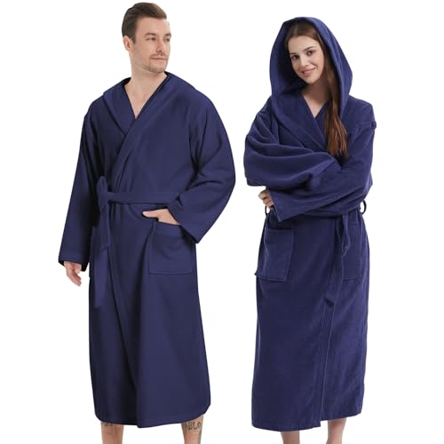 Unisex Hooded Terry Bathrobe-100% Cotton Plush Towel Robe for Men/Women,Adjustable Belt&Fixed Hood,Ankle-Length4