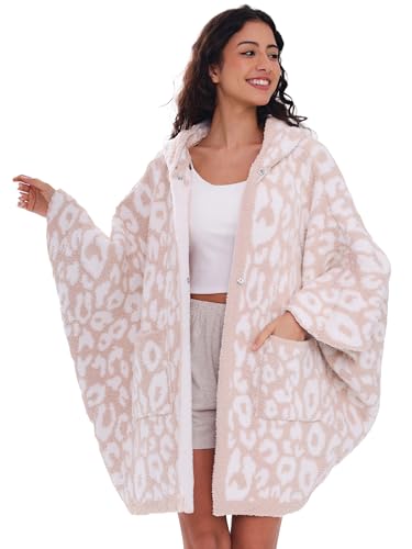 WDCOZY Wearable Blanket Hoodie Poncho Throw Comfy Soft Warm Cape Shawl Cozy Cloak Wrap Hooded with Sleeves For Adults Leopard