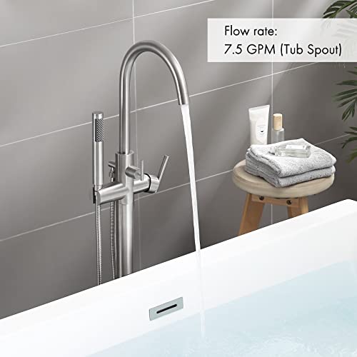 Kes Freestanding Bathtub Faucet, Floor Mounted Tub Filler For Bathroom With Handheld Shower High Flow Rate 7.5Gal Sus Stainless Steel Single Handle Brushed Finish, L5850Lf-Bs #TOP2