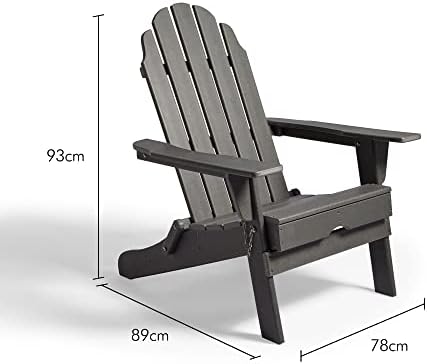 VonHaus Folding Adirondack Chair  Fire Pit Chair Made from Durable All Weather Eco-Friendly Recycled Plastic - Traditional Wood Effect - Outdoor Garden Furniture for Patio, Decking, Lawn  Grey