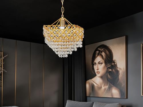 Image of Prop It Up Crystal Chandelier for Home, Gold Finish with Glass Crystals for Hall, Vintage Style, 23 cm Diameter, Indoor Lighting for Living Room, Dining, Entryway, Without Bulb