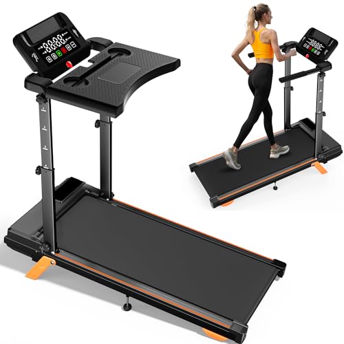 12% Incline Treadmill with Desk Workstation, 8.0MPH/3.5HP Portable Treadmill with Handle, 300LBS Weight Capacity Compact Walking Pads for Home, Small Spaces, Console with Big LED Display