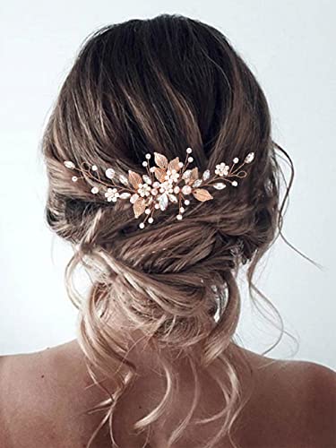 Gorais Leaf Bride Wedding Hair Comb Pearl Bridal Hair Piece Crystal Side Comb Hair Accessories For Women And Girls (C-Rose Gold) #TOP6