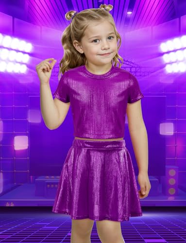 Image of Happy Cherry Kid Girl Shiny Skirt and Top Set 2 Piece Texture Ribbed Metallic Disco Rave Cheer Outfit 4-12T