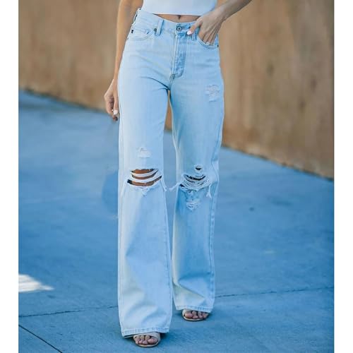Women's Waisted Flared Jeans Ripped High Wide Leg Destroyed Denim Pants3