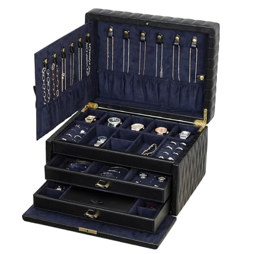Homruilink Genuine Leather Jewelry Box - 3 Layer Large Jewelry Organizer with Mirror, Lockable Jewelry Box for Women - Necklace, Ring, Earring Organizer with Drawer - Fathers Day Gift for Dad (Black)