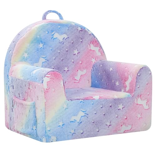 MeMoreCool Sillón infantil - Cómodo sofá de felpa para niños de 1 a 3 años, silla de espuma suave, silla portátil para habitación infantil, sala de juegos y rincón de lectura, arco iris