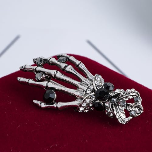 Image of Gothic Halloween Skull Hand Brooch Pin for Women Men Punk Vintage Crystal Skeleton Tassel Chain Lapel Pins Dark Skull Brooches Sweater Suit Accessory