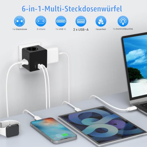 Steckdosenwürfel ohne Kabel, Steckdosenadapter mit USBC für DE/NL/ES/SE/FR, 4000W Cube Mehrfachsteckdose mit 3 USB… – Ansicht 2