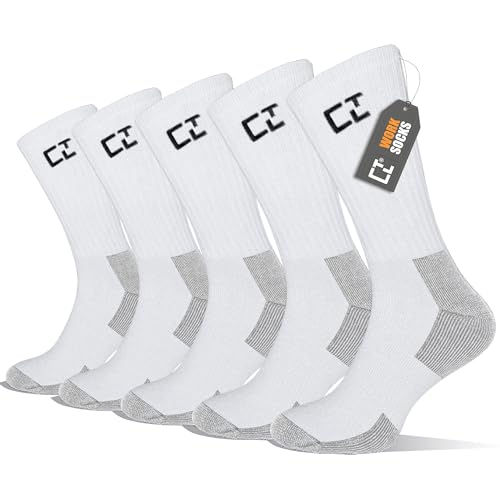 CTL® 10 Pairs Men's Work Socks Wide Comfortable Crew Sock Outdoor Heavy Duty Performance Arch Support Cushioned Sole Walking Mesh Reinforced Toe & Heel (UK, Numeric, 6, 11, Regular, Regular, White)