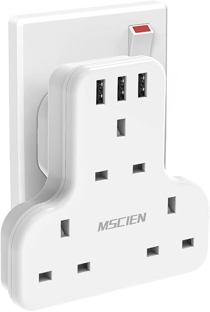 Mscien 3 Way Plug Extension with USB, Multi Plug Extension Sockets with 3 USB, Wall Plug Adapter Turn 1 into 3, Compact Power Extension Adapter