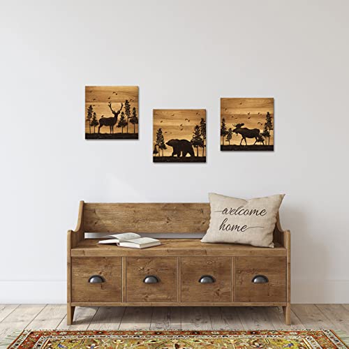 Apicoture Bear Elk Moose Wall Pictures Forest Landscape Hunting Theme Woodland Animal Painting Framed Canvas Artwork Farmhouse Wall Decor 12"X12"X3 Panels #TOP3