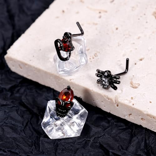 12Pcs 20G Stainless Steel Black Gothic Nose Rings Studs - Halloween Spider Bat Skull L Shaped Piercing Jewelry3