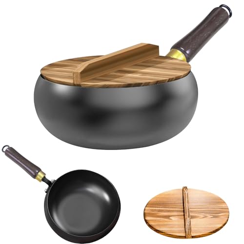 Puasok Wok Hierro Fundido Avec couvercle en Bois, Frying Pan, Sartenes Hierro Fundido,Sartén Antiadherente sin Revestimiento,Cazuelas, Olla grande Para freír,cocer, guisar y freír Adecuada