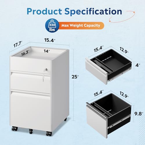 DEVAISE 2 Drawer File Cabinet, Metal Locking File Cabinet Under Desk, Rolling Filing Cabinet for Home Office Organizer Letters/Legal/A4, Easy Assembly, White - Thumbnail 3
