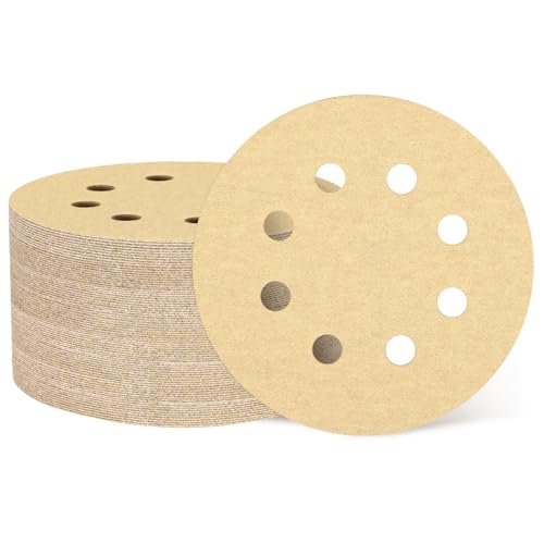 QUARKZMAN 60pcs 125 mm 5 Pulgadas Discos De Lijado 8 Agujeros 180 Grano Papel De Lija De Gancho Y Bucle Almohadillas Para Lijadora Orbital Aleatoria Para Carpintería Automotriz Metal, Dorado