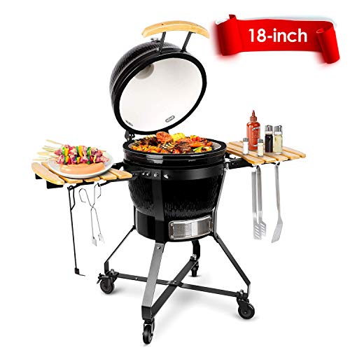 TUSY Kamado Charcoal Grill,18-inch Advanced Grill Ceramic with Thermometer, Stable Rack for Moving