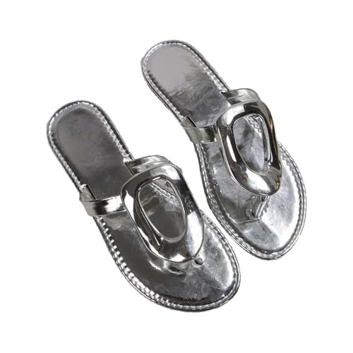 Women's Metal Ring Flip Flops Trendy Thong Sandals Summer Dressy Flat Slides Comfort Vacation Shoes Gold Buckle Decoration (Silver - Round Toe,10) by Generic - Used condition - US$18.85