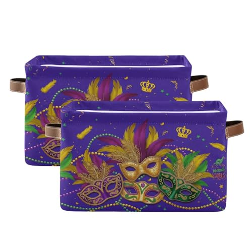 Image of Mardi Gras Purple Storage Basket with Waterproof Liner and PU Handles Masquerade Mask Fleur de Lis Storage Bins Boxes 14.2 inch Collapsible Decorative Organizer Baskets for Bedroom Closet Office 2 Pack