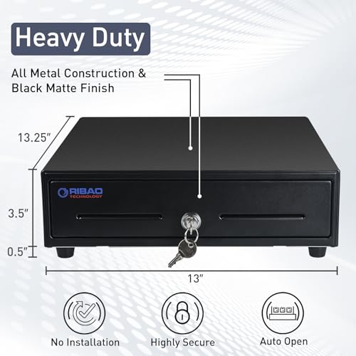 RIBAO 13\'\' Cash Registers Cash Drawer for Point of Sale(POS) System, 4 Bill 5 Coin with Adjustable Coin Slots, 24V, RJ11/RJ12 Interface 4 Key-Lock - Thumbnail 3