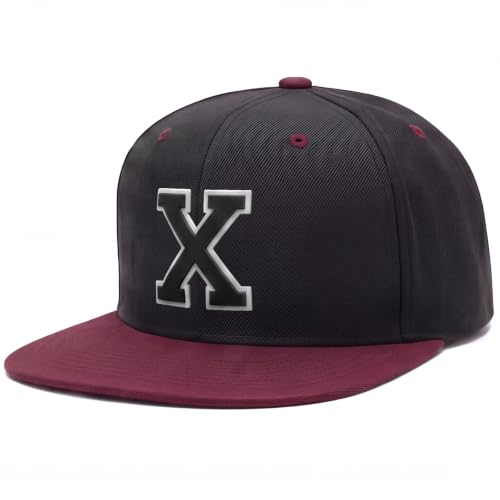 Daxton Men’s 3D Silicone Initial A-Z Letters Varsity Snapback Hat, BLKBUR Hat with Letter X Color WHTBLK