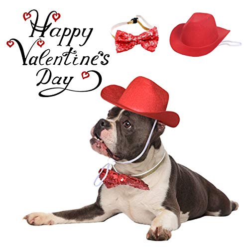 Vehomy Valentine's Day Dog Cat Cowboy Hat and Bow tie Collar Pet Cowboy Costume for Dogs and Kittens Set of 2Pcs
